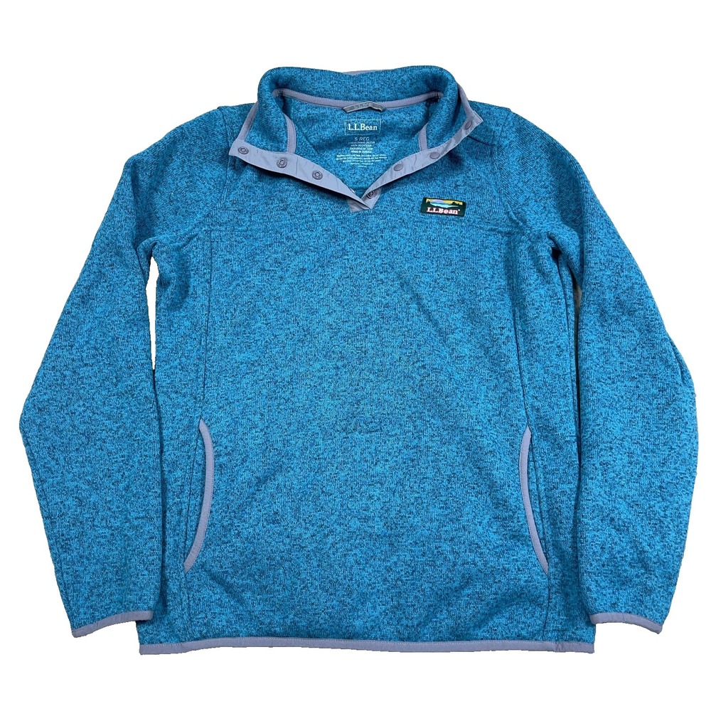 LL Bean Sweater Women Small Light Blue Pullover Snap T Pockets Heather Ladies